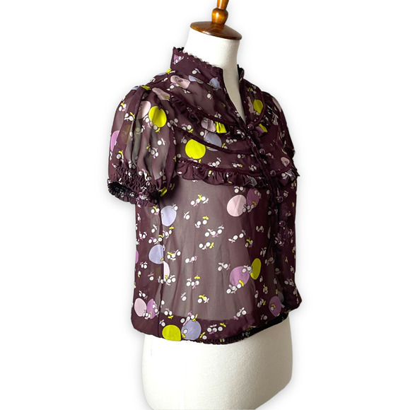 🍀 Kimchi Blue Women's Purple Taupe Printed Ruffle Puff Short Sleeve Blouse XS - Picture 5 of 10